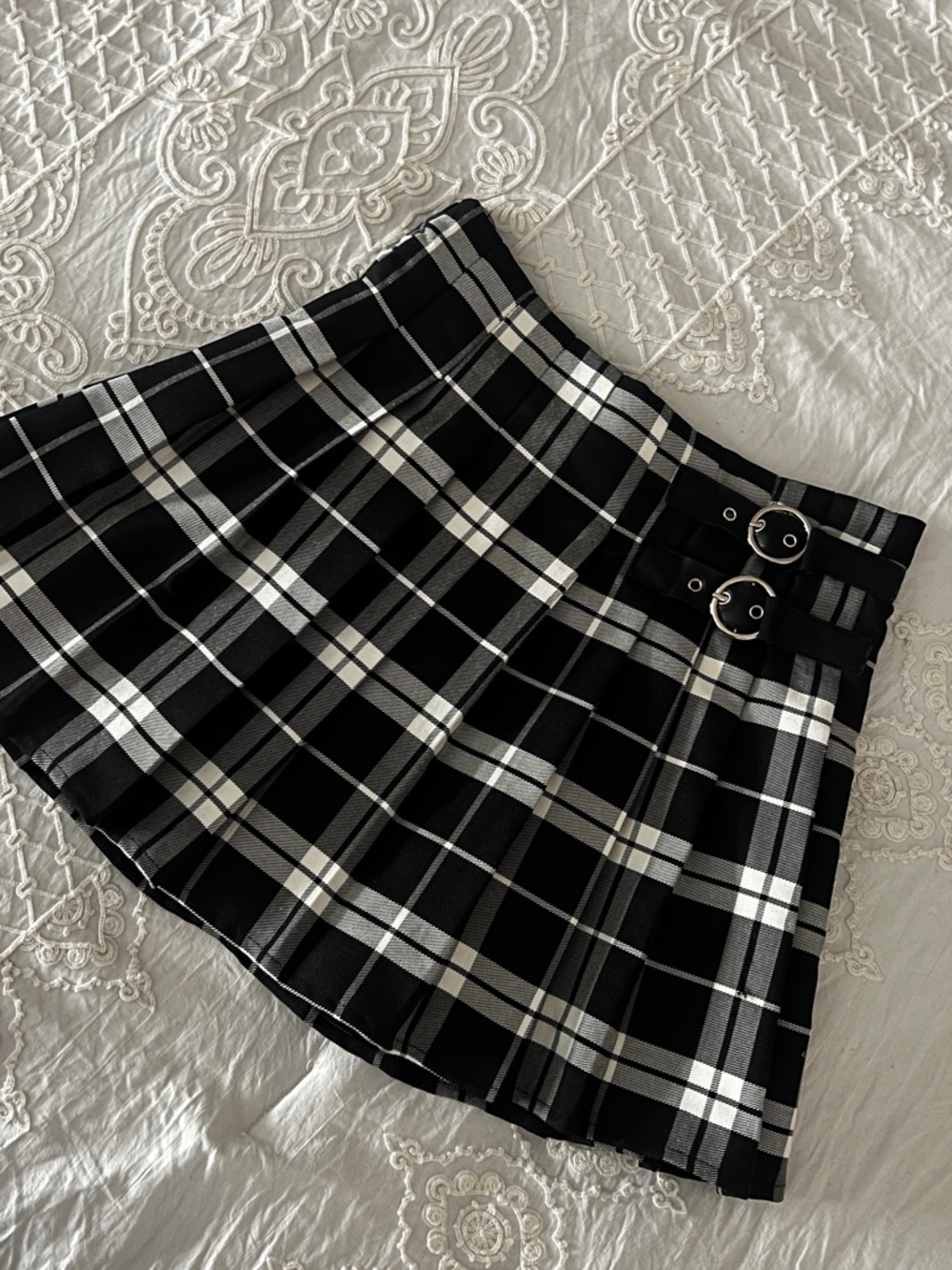 Forever 21 Black and White Plaid Pleated Mini Skirt with Buckle Detail